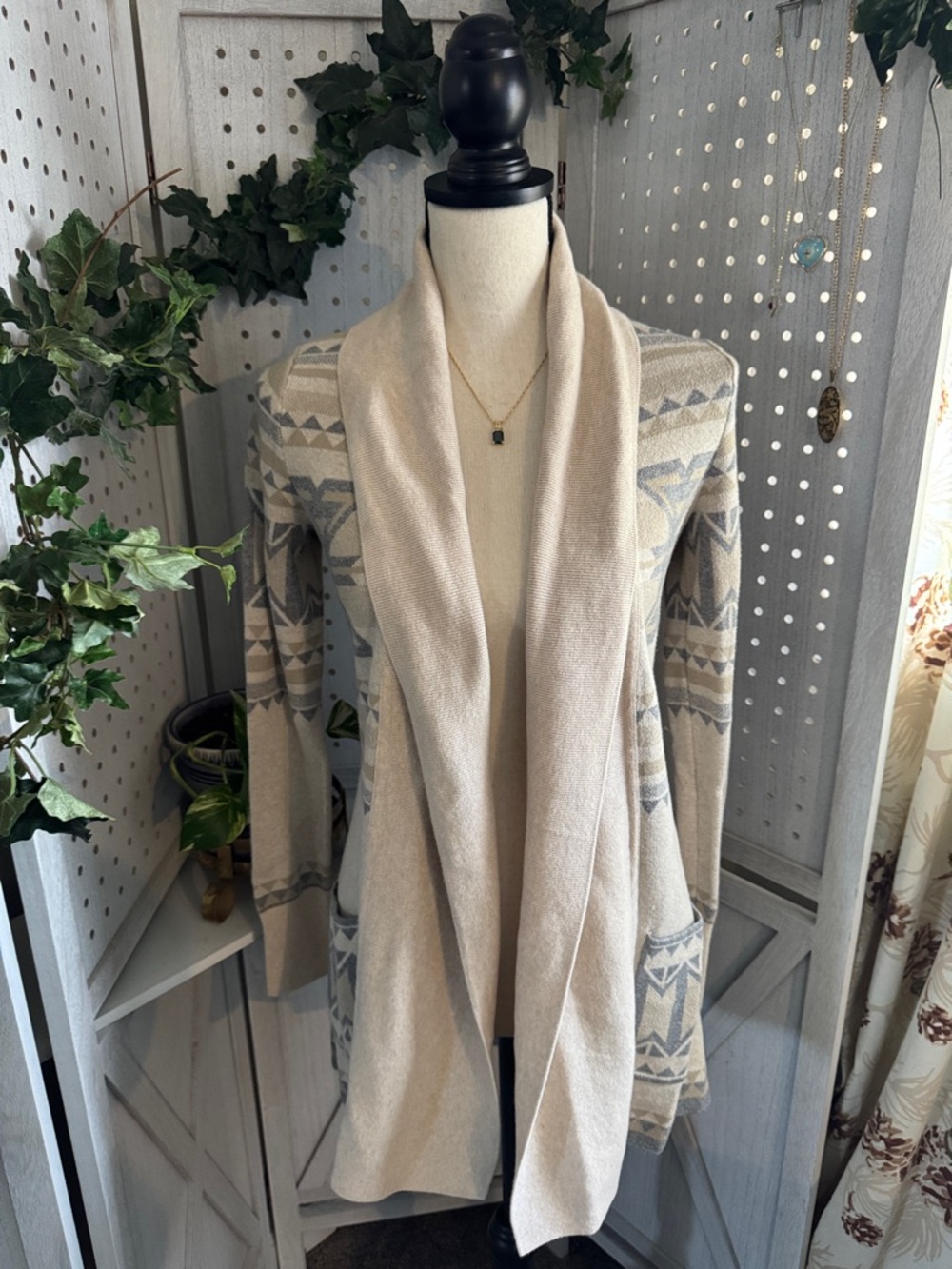 Yes/Lola (Size S) Striped Aztec Open-Front Cardigan Sweater-Cream & Blue